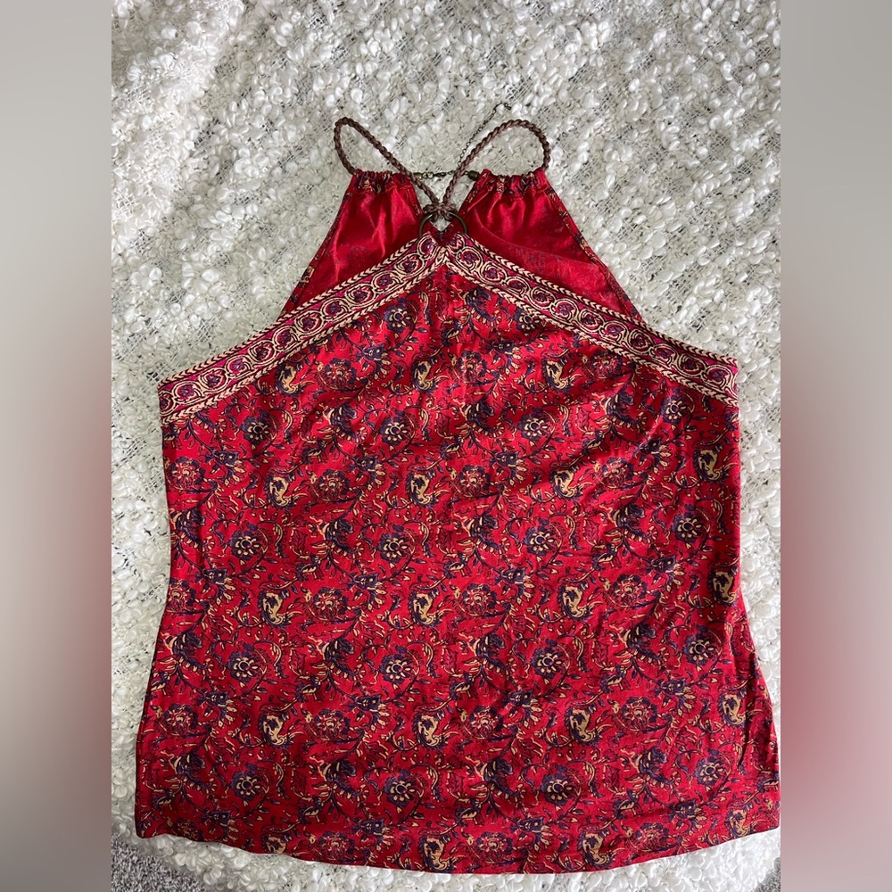 Chaps Denim. Red Paisley Halter Top Braid Straps. Size L.